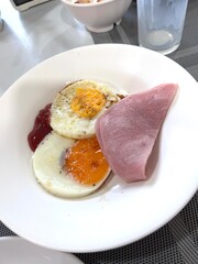 delicious breakfast set served with sausage, fried egg, and ham on a plate. Perfect morning meal concept, tasty food, protein-rich diet, and classic breakfast menu for lifestyle, culinary.