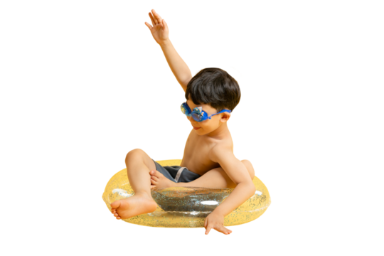 Asian A child happily floating on an inflatable ring in the swimming pool, wearing goggles, with arm raised up in the air on PNG - Powered by Adobe