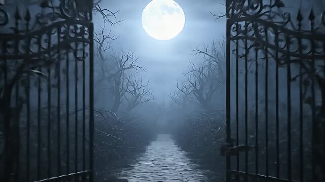 Spooky wrought iron gates open into a misty graveyard at night, surrounded by eerie trees