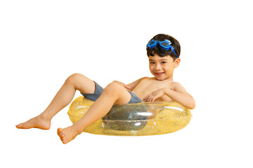 Asian young boy relaxing in an inflatable pool ring, wearing swim goggles and looking content on PNG