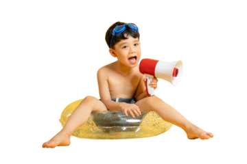 Asian Young Boy with a Megaphone Having Fun in a Pool Toy on PNG