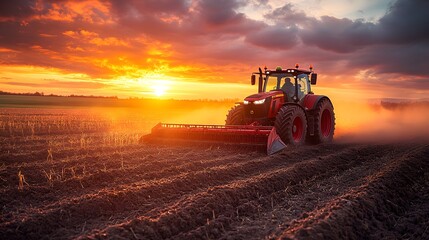 Obraz premium Tractor plowing fields at sunset in rural farmland creating dust clouds and vibrant colors