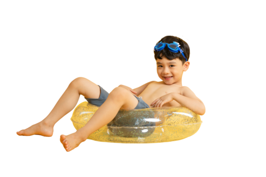 Asian young boy relaxing in an inflatable pool ring, wearing swim goggles and looking content on PNG