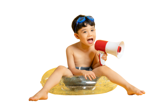 Asian Young Boy with a Megaphone Having Fun in a Pool Toy on PNG - Powered by Adobe