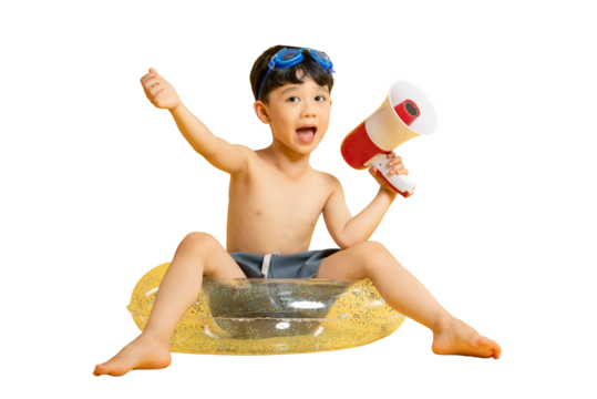 Asian Joyful boy in inflatable ring with megaphone on PNG