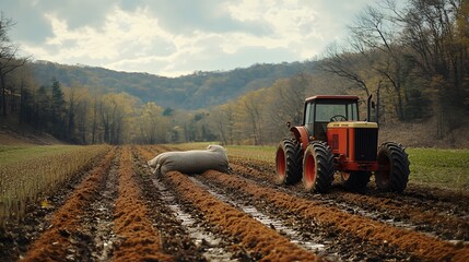 Naklejka premium Tractor plowing field with pig resting on soil in rural landscape during autumn