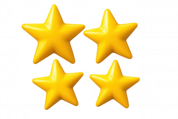 Glossy yellow stars hovering against transparent backdrop, representing success, high ratings, and exceptional performance