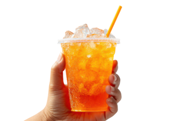 Hand holding a plastic cup filled with orange soda and ice on transparent background