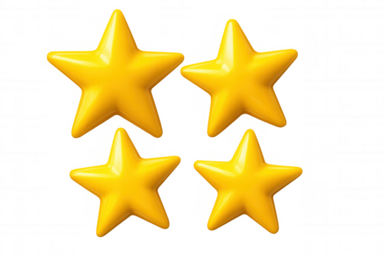 Glossy yellow stars hovering against transparent backdrop, representing success, high ratings, and exceptional performance