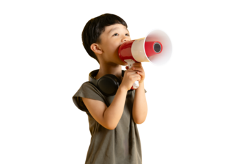 Asian young boy using a megaphone to amplify his voice, with determination and focus. His expression shows engagement as he interacts with the megaphone on PNG