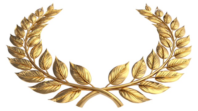 Golden laurel wreath isolated on transparent background, a symbol of victory and honor