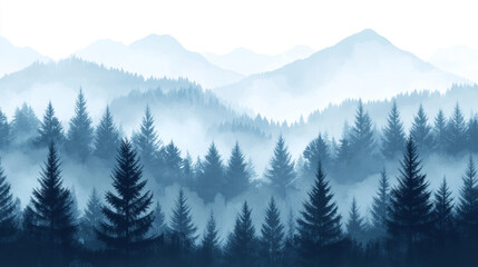 Misty mountain forest serene landscape blue hues tranquil nature scenery