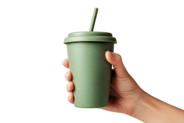 Hand holding a soft drink cup with straw and lid condensation on transparent background