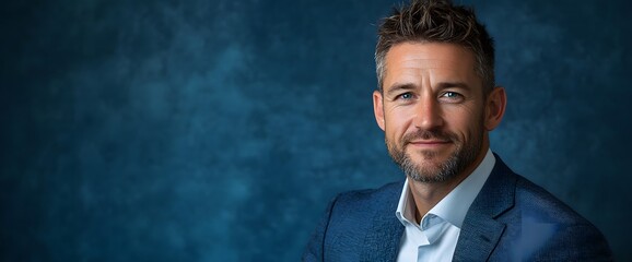 Confident businessman with stylish hair and beard poses against a textured blue background for a professional portrait