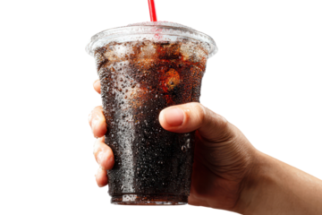 Hand holding a soft drink cup with straw and lid condensation on transparent background