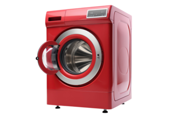 Modern red washing machine with open door