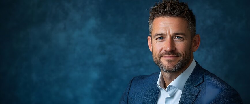 Confident businessman with stylish hair and beard poses against a textured blue background for a professional portrait