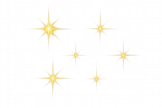 Glowing golden star burst, sparkling luminous rays radiating against transparent backdrop