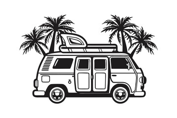 Black Silhouette of Vintage Van with Surfboard and Palm Trees on White Background