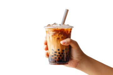 Hand holding a transparent cup of bubble tea with tapioca pearls on transparent background