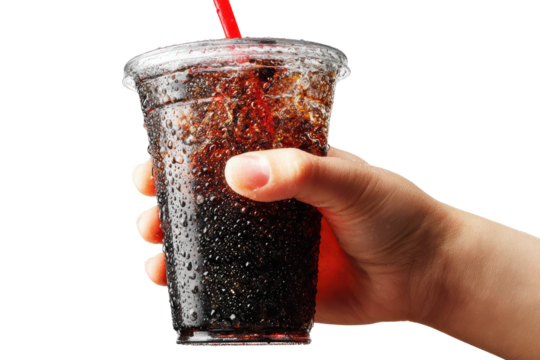 Hand holding an iced coffee in a tall clear plastic cup on transparent background