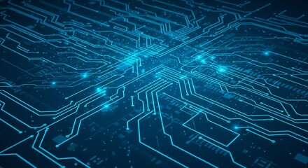 Fototapeta premium A high-definition, image depicts an intricate digital circuit board pattern, with glowing bright blue lines representing data 