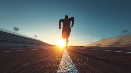 Outdoor track scene with runner sprinting at dawn, motion blur effect enhancing energetic momentum
