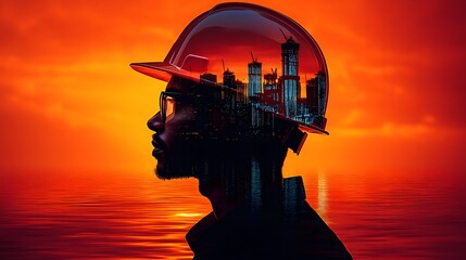 Professional construction worker in a helmet against a vibrant sunset skyline reflecting determination and skill