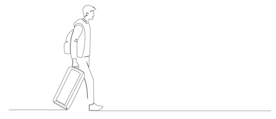 Continuous line art of a man walking and migrating carrying a suitcase. International Migrants Day. Vector illustration