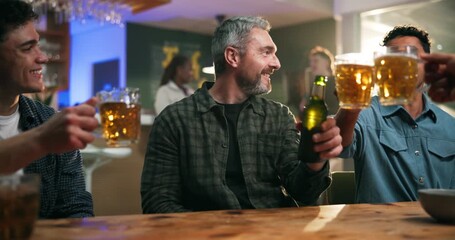 Men, friends and cheers with beer in bar for reunion celebration, appreciation or party event. Happy hour, weekend or people with alcohol toast at pub for social gathering, group milestone or bonding