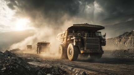 Fototapeta premium Mining operation with trucks and excavators in open pit mine, dusty industrial atmosphere.