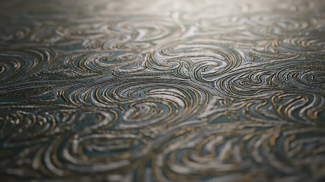 Close-up of intricate swirling patterns on textured surface with shimmering highlights