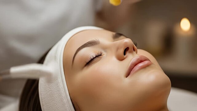 A serene spa treatment scene featuring a woman receiving a facial with soothing products