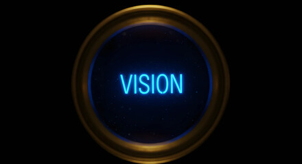 「VISION」のネオンが輝く未来。望遠鏡のレンズ越しに見たビジネスのビジョンと展望のコンセプト背景。