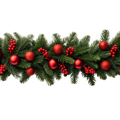 Festive green fir garland adorned with shiny red baubles and bright red berries isolated on transparent background