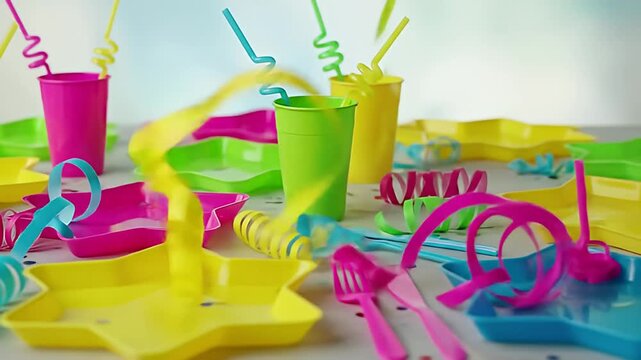 Colorful party table setting with vibrant plastic plates, cups, and decorations, ideal for celebrations