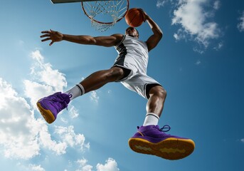 Athlete performing a powerful basketball dunk captured from a dramatic low upward angle.