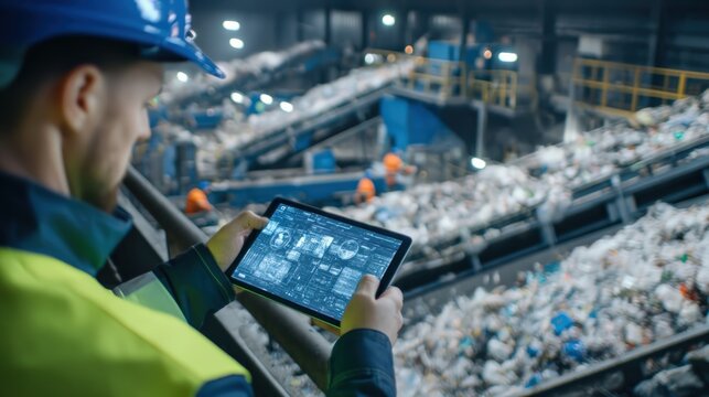 Industrial sustainability team analyzing automated recycling data on tablets, smart technology enhancing waste processing.