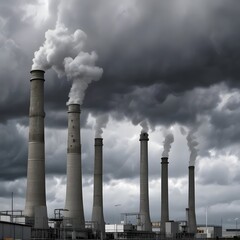 Industrial Smokestacks Emitting Smoke Against Dramatic Sky, Depicting Air Pollution