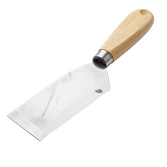 Gardening and kitchen tools including a sharp steel knife with a wooden handle and a metal trowel are isolated on a white background