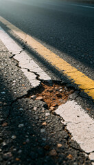 Cracked Pavement and Road Marking: A detailed capture of a weathered road surface, highlighting the textures and wear, focusing on cracks and painted lines to convey stories of time and travel.
