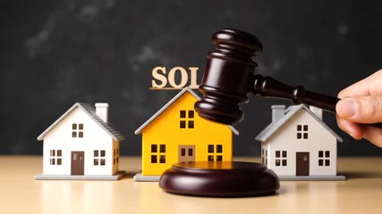 Gavel striking a table in front of miniature houses with the word sold displayed symbolizing real estate auctions and property sales