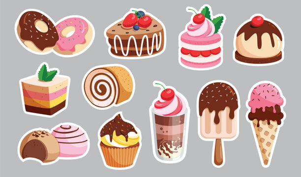 Birthday Cake Sticker clipart set. Sweet dessert like cake, ice cream, cupcake and donut printable stickers cute design clip art collection for birthday party celebration vector illustration.
