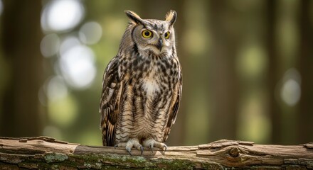 Obraz premium Majestic Great Horned Owl Perched on Mossy Branch, Intense Yellow Eyes Gazing Forward