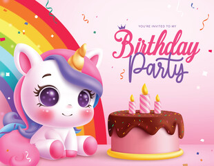 Birthday unicorn character clipart design. Birthday party invitation card with cute unicorn, pink cake and colorful rainbow in magical background vector illustration.