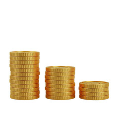 Three stacks of golden coins in decreasing size isolated on transparent background