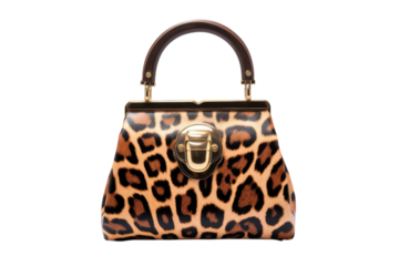 Leopard print handbag with a wooden handle on black