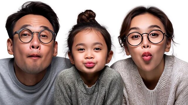 A happy Asian family of three, a father, mother, and daughter, make funny puckered lip faces for the camera while wearing matching glasses in a studio.