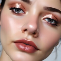Close-up beauty portrait of woman with shimmering eyeshadow and pink lipstick.