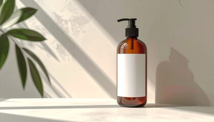 Amber pump bottle with a blank white label, elegantly showcased on a clean surface with natural light and dappled plant shadows, ideal for cosmetic and beauty product mockups or minimalist branding